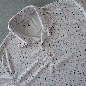 Bermuda Sands Men Large White Pink Navy Seagull Bird Print Performance Golf Polo